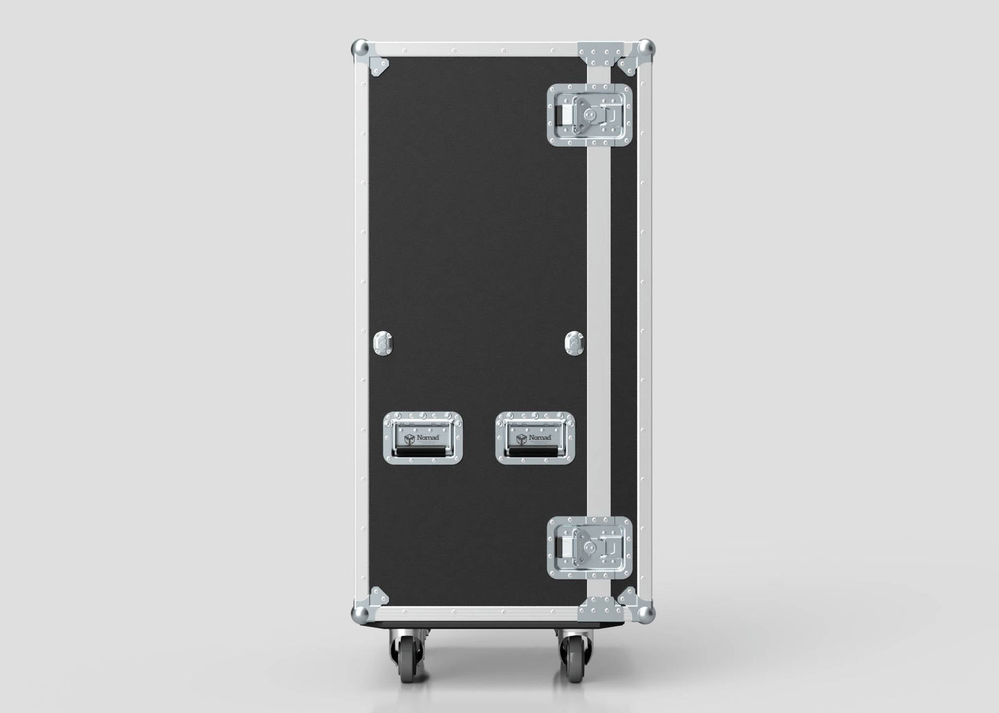 The 5 Drawer Production Case is a black rectangular equipment case with metal corners and handles, standing on four wheels. Its dimensions are 644x616x1325 mm, and it's compatible with a side attaching table.
