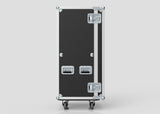 The 5 Drawer Production Case is a black rectangular equipment case with metal corners and handles, standing on four wheels. Its dimensions are 644x616x1325 mm, and it's compatible with a side attaching table.