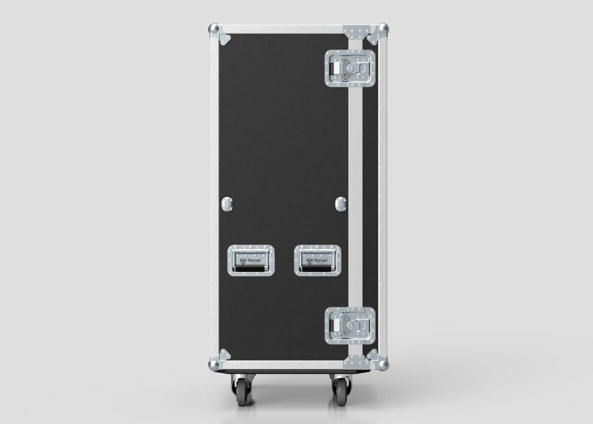 The 5 Drawer Production Case is a black rectangular equipment case with metal corners and handles, standing on four wheels. Its dimensions are 644x616x1325 mm, and it's compatible with a side attaching table.