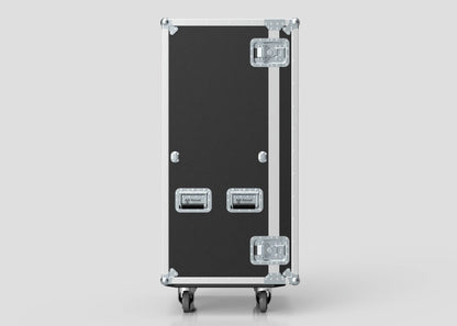 The 5 Drawer Production Case is a black rectangular equipment case with metal corners and handles, standing on four wheels. Its dimensions are 644x616x1325 mm, and it's compatible with a side attaching table.