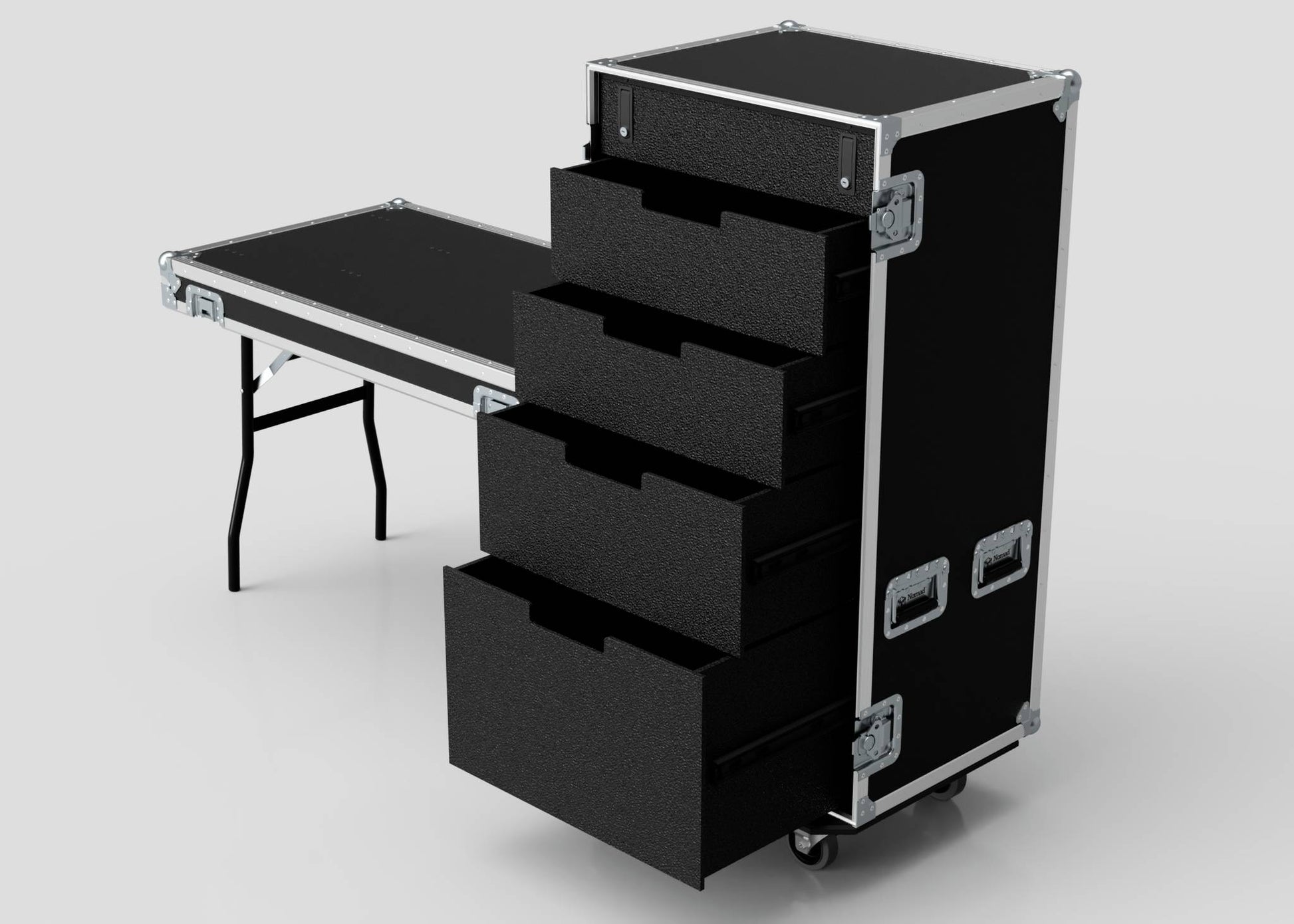 The 5 Drawer Production Case is a black wheeled equipment case with five open drawers, a side-attaching table, and dimensions of 644x616x1325.