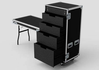 The 5 Drawer Production Case is a black wheeled equipment case with five open drawers, a side-attaching table, and dimensions of 644x616x1325.