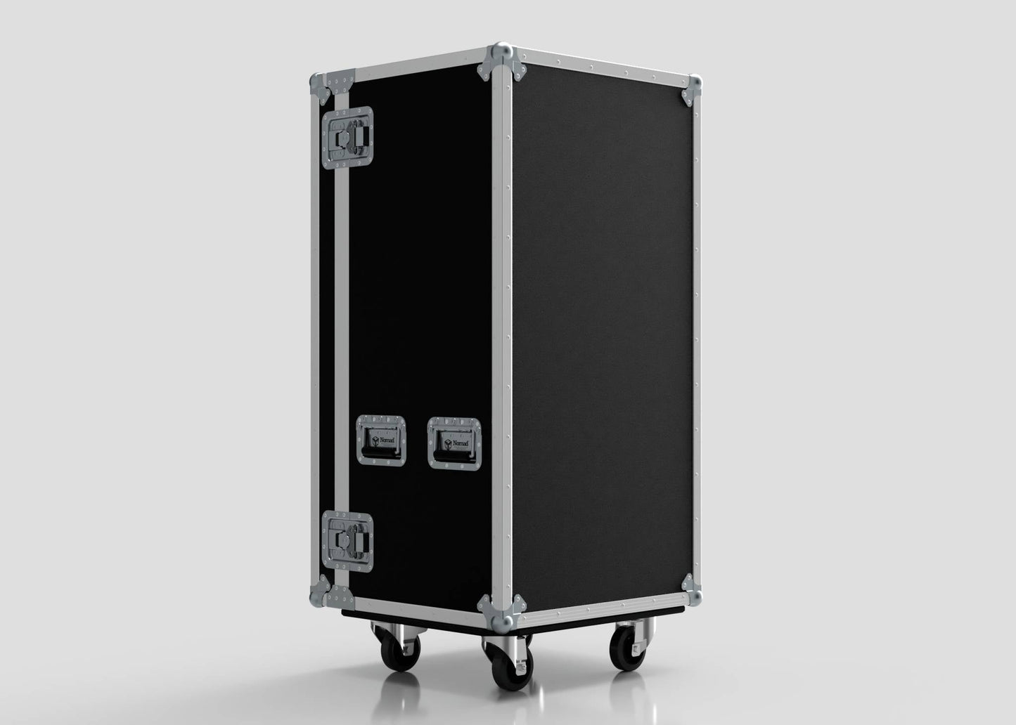 The 5 Drawer Production Case is a large black flight case with metal reinforcements, handles, four caster wheels, side-attaching table capability, and external trestle table compatibility; dimensions: 644x616x1325.