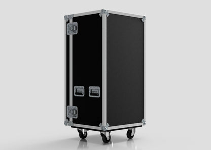 The 5 Drawer Production Case is a large black flight case with metal reinforcements, handles, four caster wheels, side-attaching table capability, and external trestle table compatibility; dimensions: 644x616x1325.