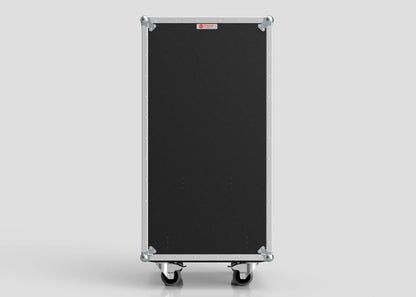The 5 Drawer Production Case is a tall, black, rectangular equipment case with silver metal edges and four wheels, shown upright against a plain light grey background. Its 644x616x1325mm size offers ample storage and easy transport.