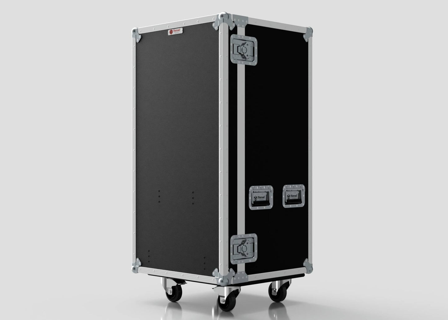 The 5 Drawer Production Case, featuring a black and silver design with metal edges and latches (dimensions 644x616x1325), stands upright on four caster wheels against a plain light background.