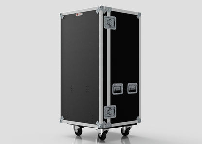 The 5 Drawer Production Case, featuring a black and silver design with metal edges and latches (dimensions 644x616x1325), stands upright on four caster wheels against a plain light background.