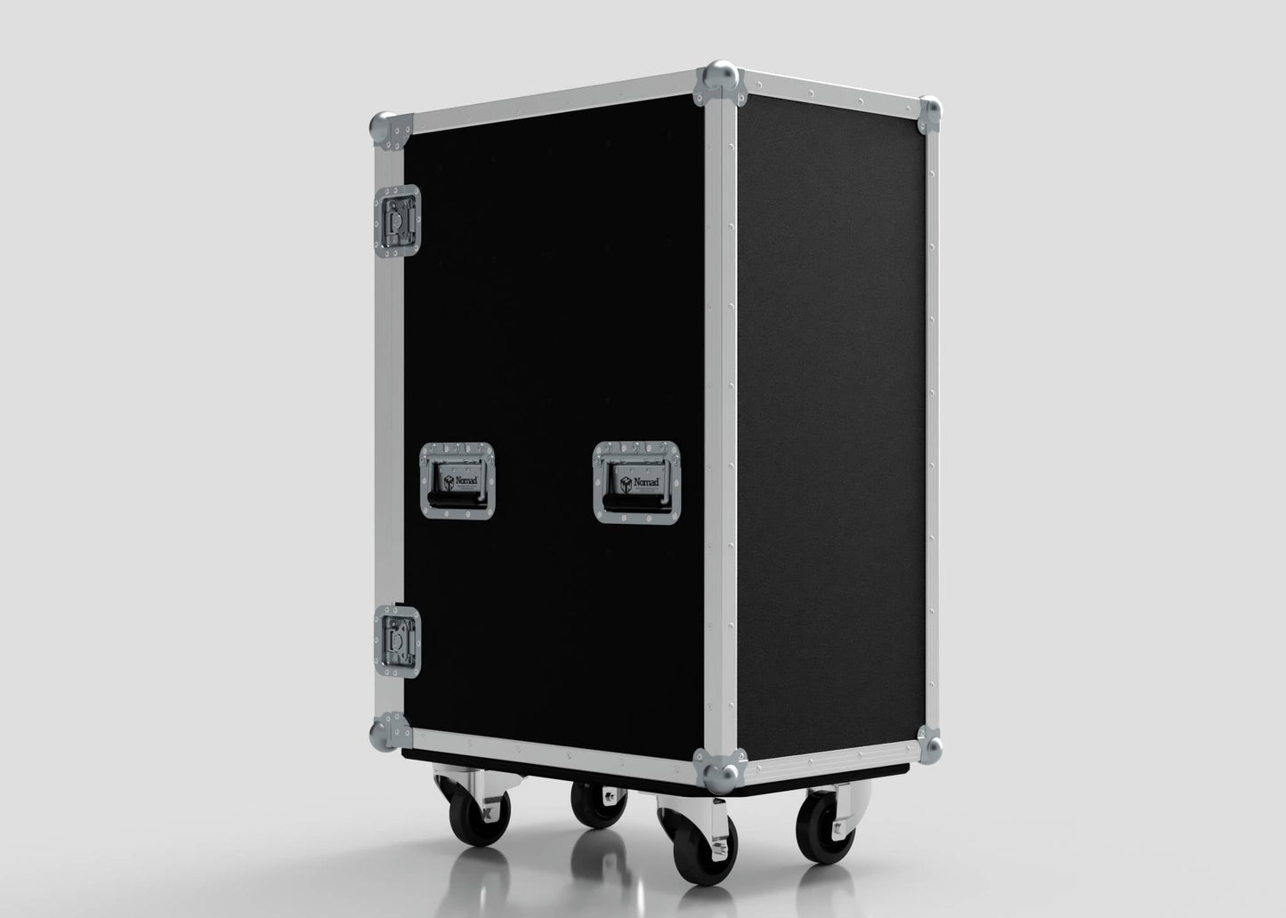 The 5 Way Euro Crate Case is a large black storage case with metal edges, two handles, and four caster wheels—a secure solution for organizing tools or Euro crates.