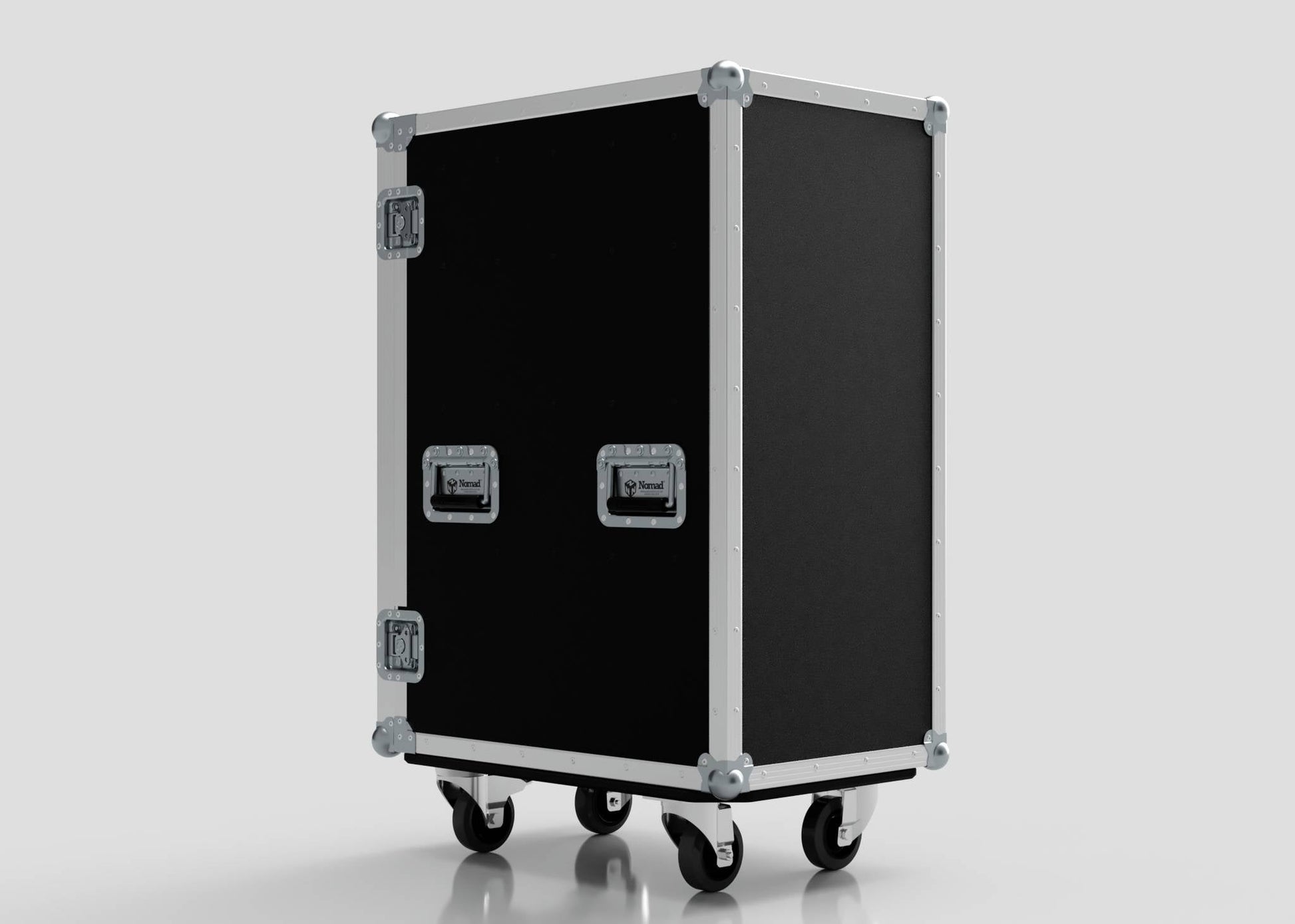 The 5 Way Euro Crate Case is a large black storage case with metal edges, two handles, and four caster wheels—a secure solution for organizing tools or Euro crates.