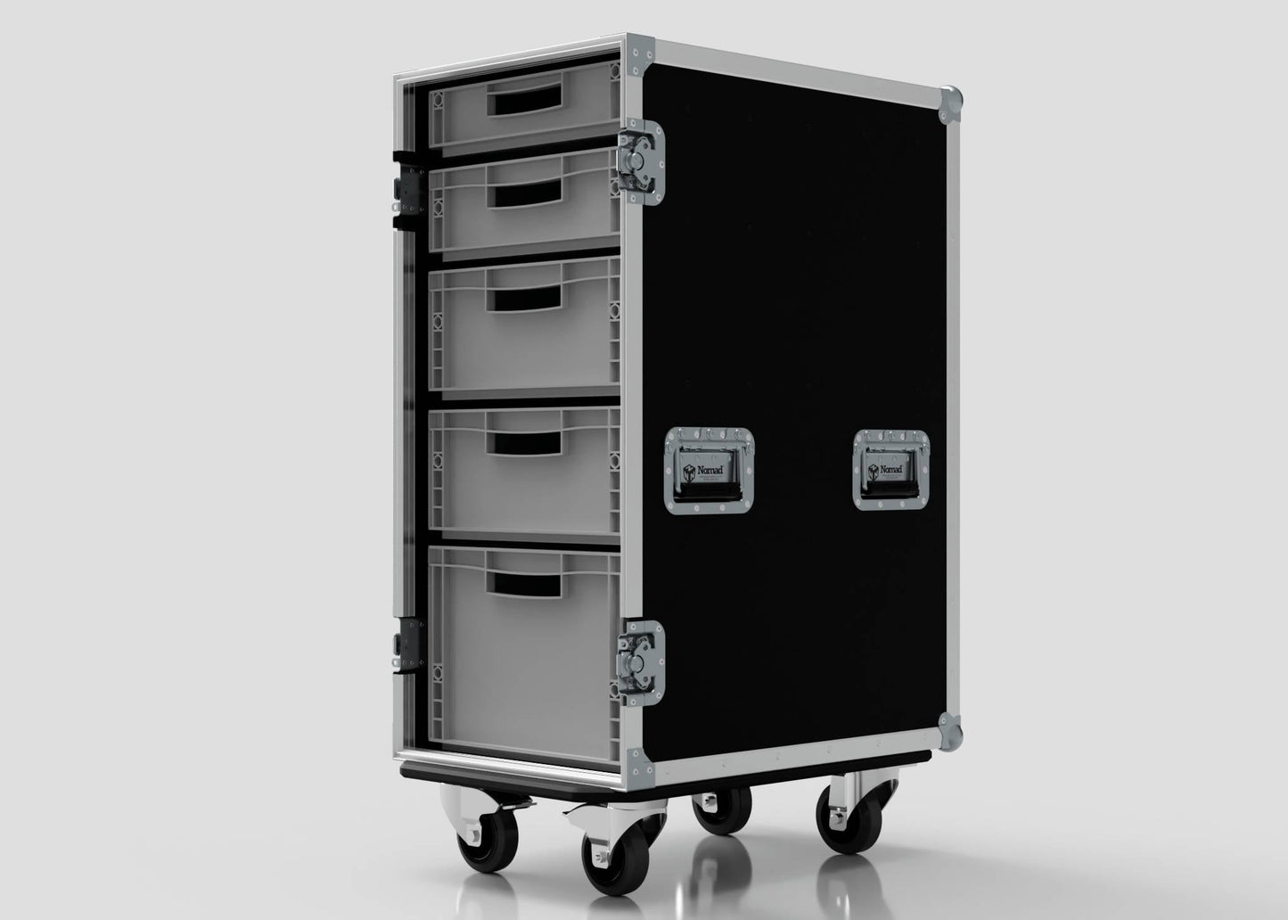The 5 Way Euro Crate Case is a black and silver rolling storage case with four drawers, metal handles, and caster wheels, made from durable food-grade polypropylene, shown against a plain background.