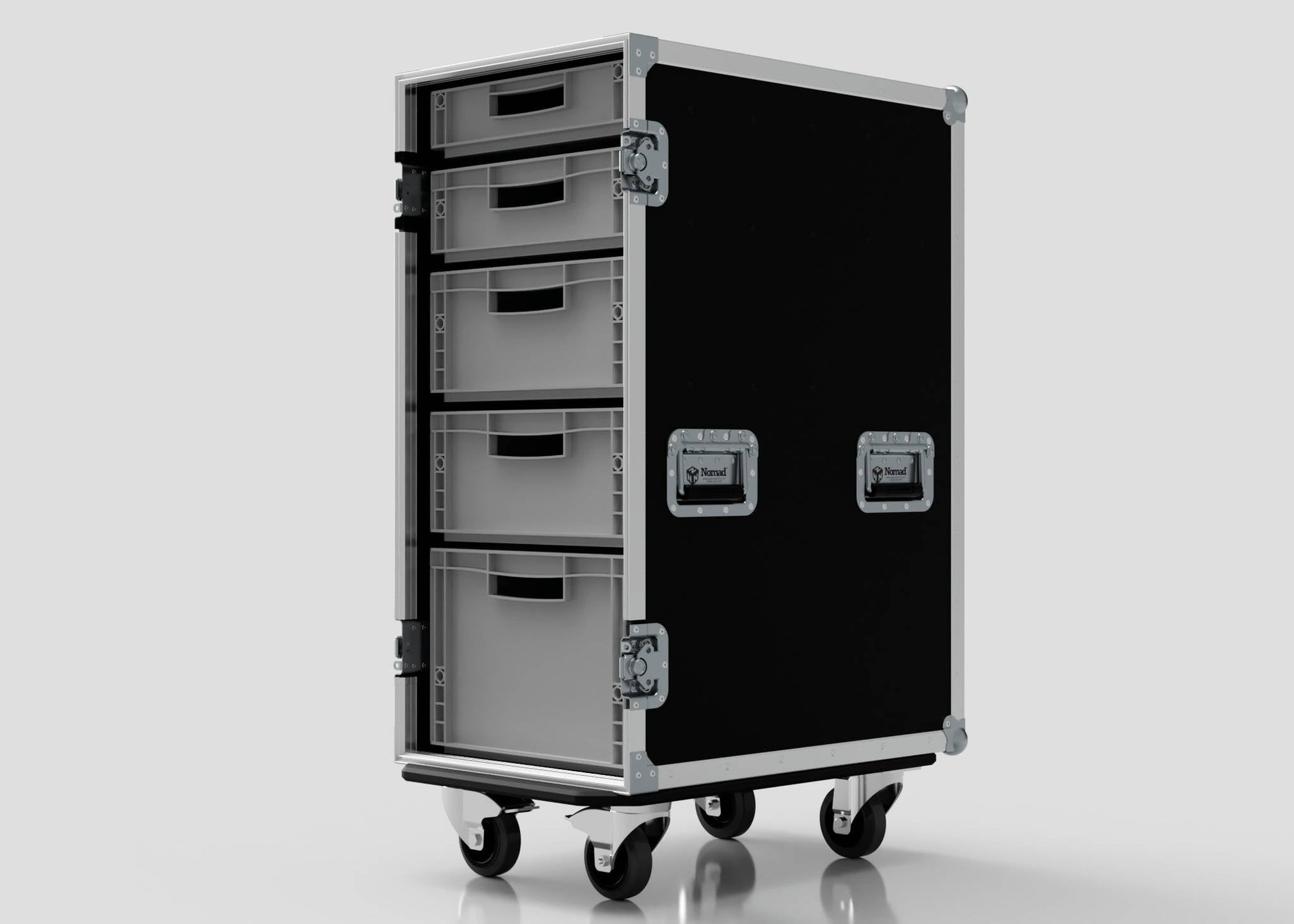 The 5 Way Euro Crate Case is a black and silver rolling storage case with four drawers, metal handles, and caster wheels, made from durable food-grade polypropylene, shown against a plain background.