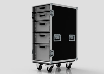 The 5 Way Euro Crate Case is a black and silver rolling storage case with four drawers, metal handles, and caster wheels, made from durable food-grade polypropylene, shown against a plain background.