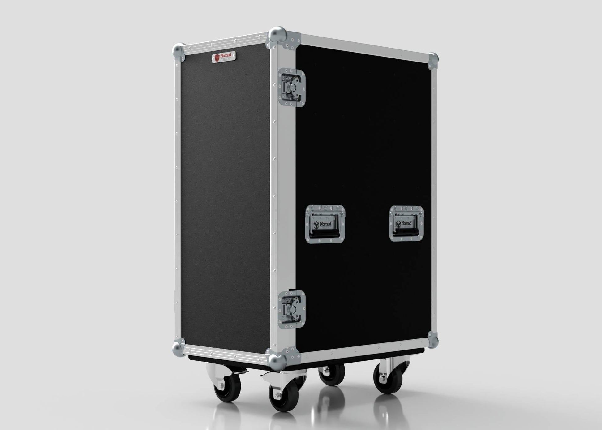 The 5 Way Euro Crate Case, shown in black and silver with metal corners, latches, and four caster wheels against a white background, is perfect for securely transporting or organizing Euro crates and equipment.