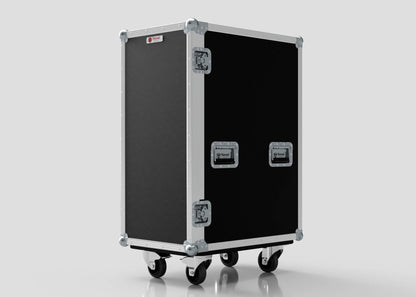 The 5 Way Euro Crate Case, shown in black and silver with metal corners, latches, and four caster wheels against a white background, is perfect for securely transporting or organizing Euro crates and equipment.