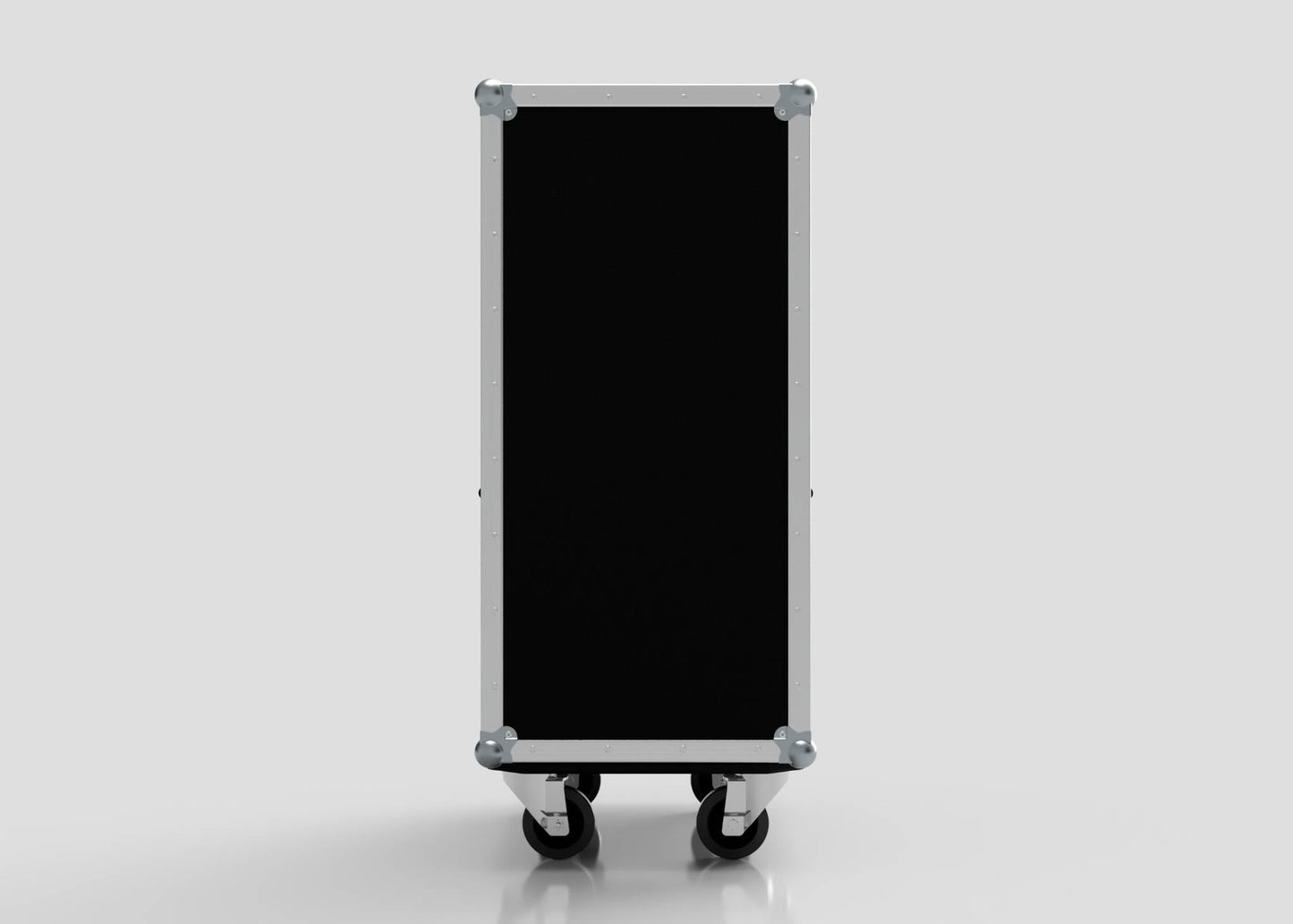 The 5 Way Euro Crate Case is a black rectangular storage case with metal edges and corners on four caster wheels—perfect for secure, organized Euro crate transport.