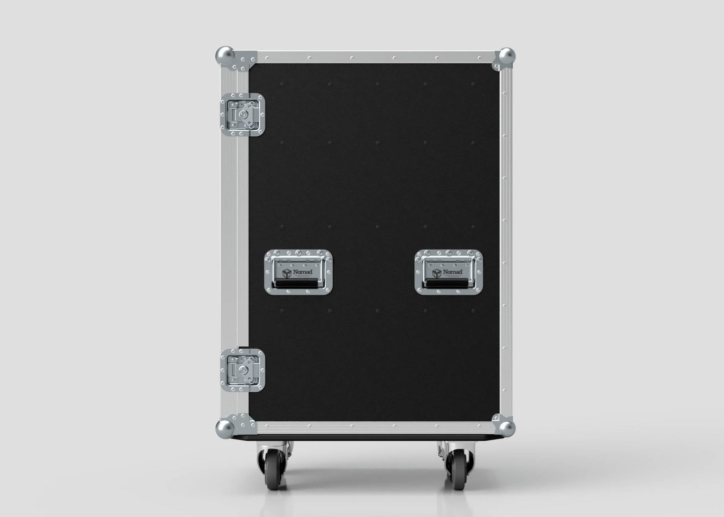 The 5 Way Euro Crate Case is a large black storage case with metal edges, corner protectors, two recessed handles, latches, and four caster wheels—ideal for organizing gear and compatible with Euro crates.