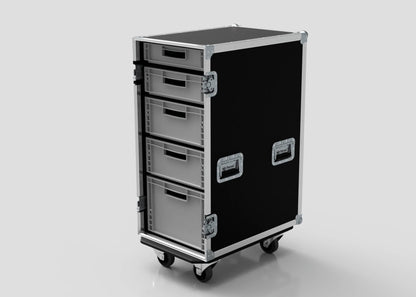 The 5 Way Euro Crate Case is a black and silver rolling storage case with four drawers, metal edges, and latch handles, ideal for securely transporting equipment or organizing Euro crates.