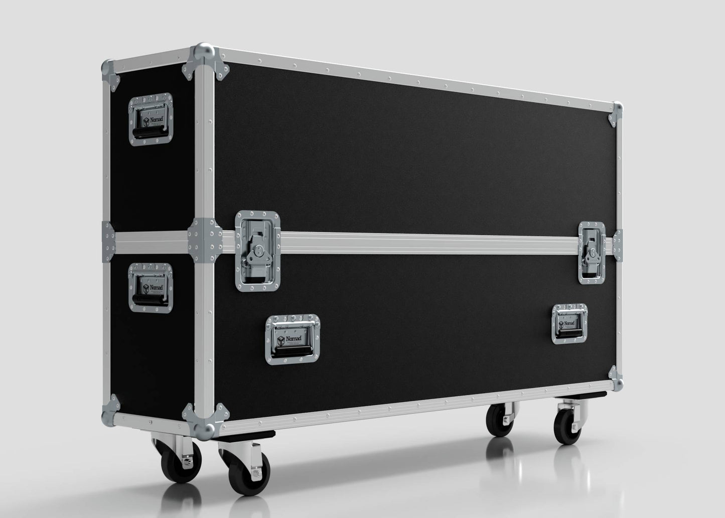 The 50" Double Screen Case, a large black rectangular flight case with metal edges, four handles, and wheels for transporting equipment, is shown against a plain light background.