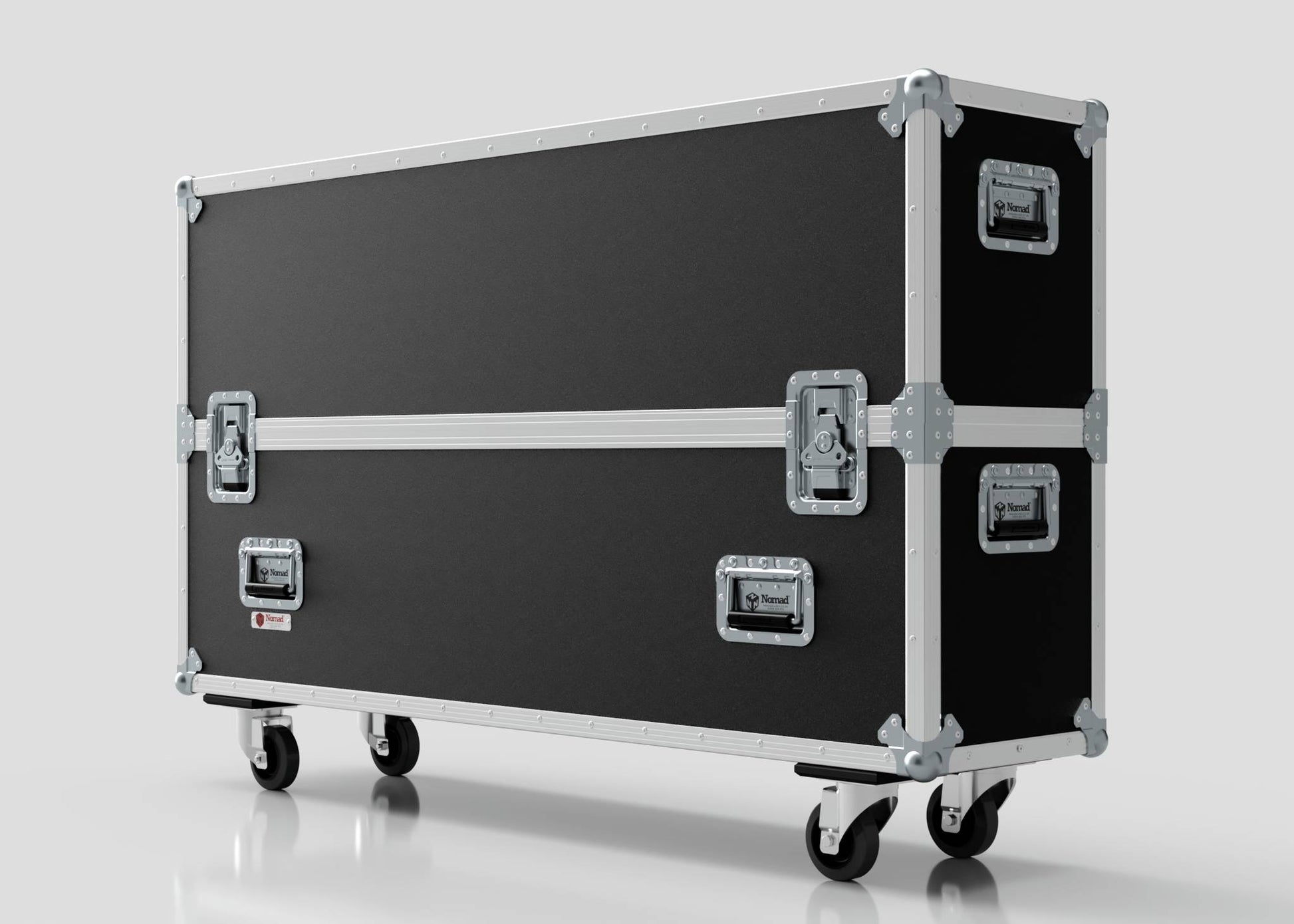 The 50" Double Screen Case is a large black and silver equipment case with metal edges and handles, mounted on four wheels, shown standing on a white surface against a plain background.