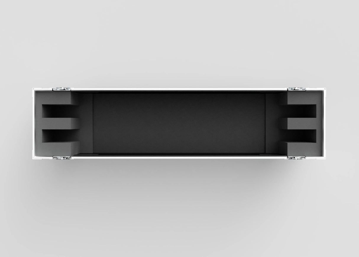 The 50" Double Screen Case, black and gray, is shown open and empty from above, featuring foam padding at both ends and metal side hinges.