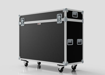 The 50" Motorised Single Screen Case is a large black and silver flight case with metal edges, reinforced corners, handles, and four caster wheels, shown on a plain white background.