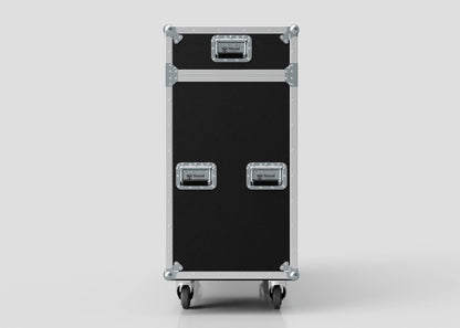 The 50" Motorised Single Screen Case features a black and silver design, three metal handles, reinforced corners, and four caster wheels, displayed against a plain white background.