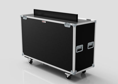 The 50" Motorised Single Screen Case is a large black wheeled flight case with metal edges and handles, partially open at the top to reveal a flat-screen monitor inside.