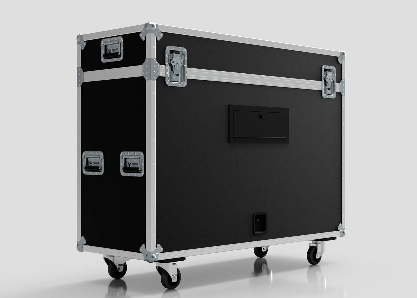 The 50" Motorised Single Screen Case is a large black equipment case with metal reinforcements and handles, mounted on four caster wheels, and displayed on a plain white background.