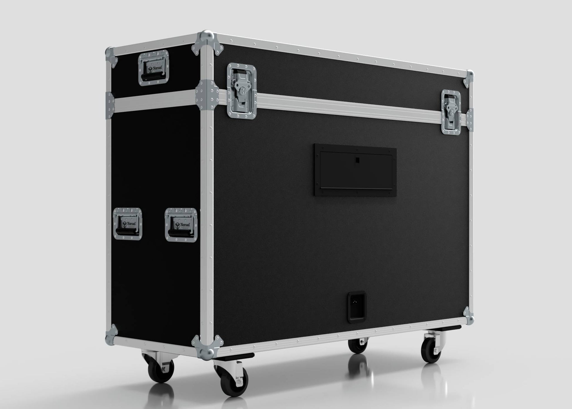 The 50" Motorised Single Screen Case is a large black equipment case with metal reinforcements and handles, mounted on four caster wheels, and displayed on a plain white background.