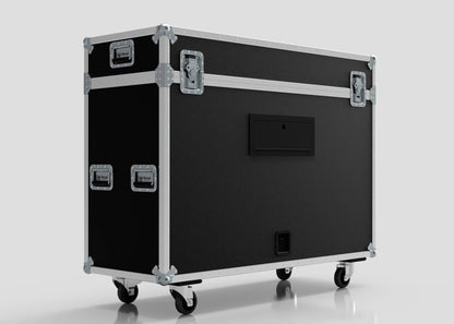 The 50" Motorised Single Screen Case is a large black equipment case with metal reinforcements and handles, mounted on four caster wheels, and displayed on a plain white background.