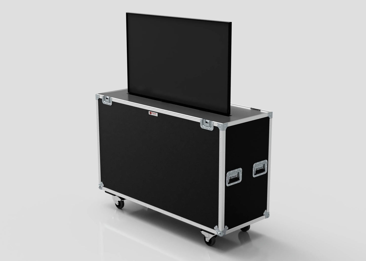 A 50" Motorised Single Screen Case, featuring a flat screen TV partially raised from its black, metal-edged, wheeled storage case with handles, is set against a plain light gray background.