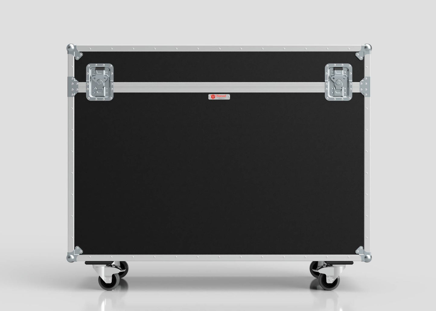 The 50" Motorised Single Screen Case is a black rectangular hard case featuring metal edges, two latches, and four wheels, displayed against a plain light background.