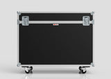 The 50" Motorised Single Screen Case is a black rectangular hard case featuring metal edges, two latches, and four wheels, displayed against a plain light background.