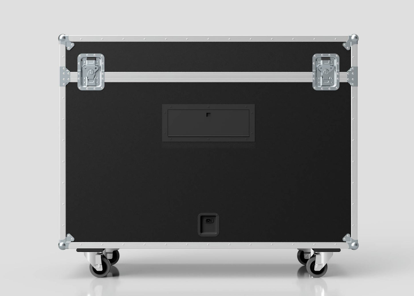 The 50" Motorised Single Screen Case is a large black flight case with metal edges, latches, wheels, and a recessed handle, shown against a plain light background.