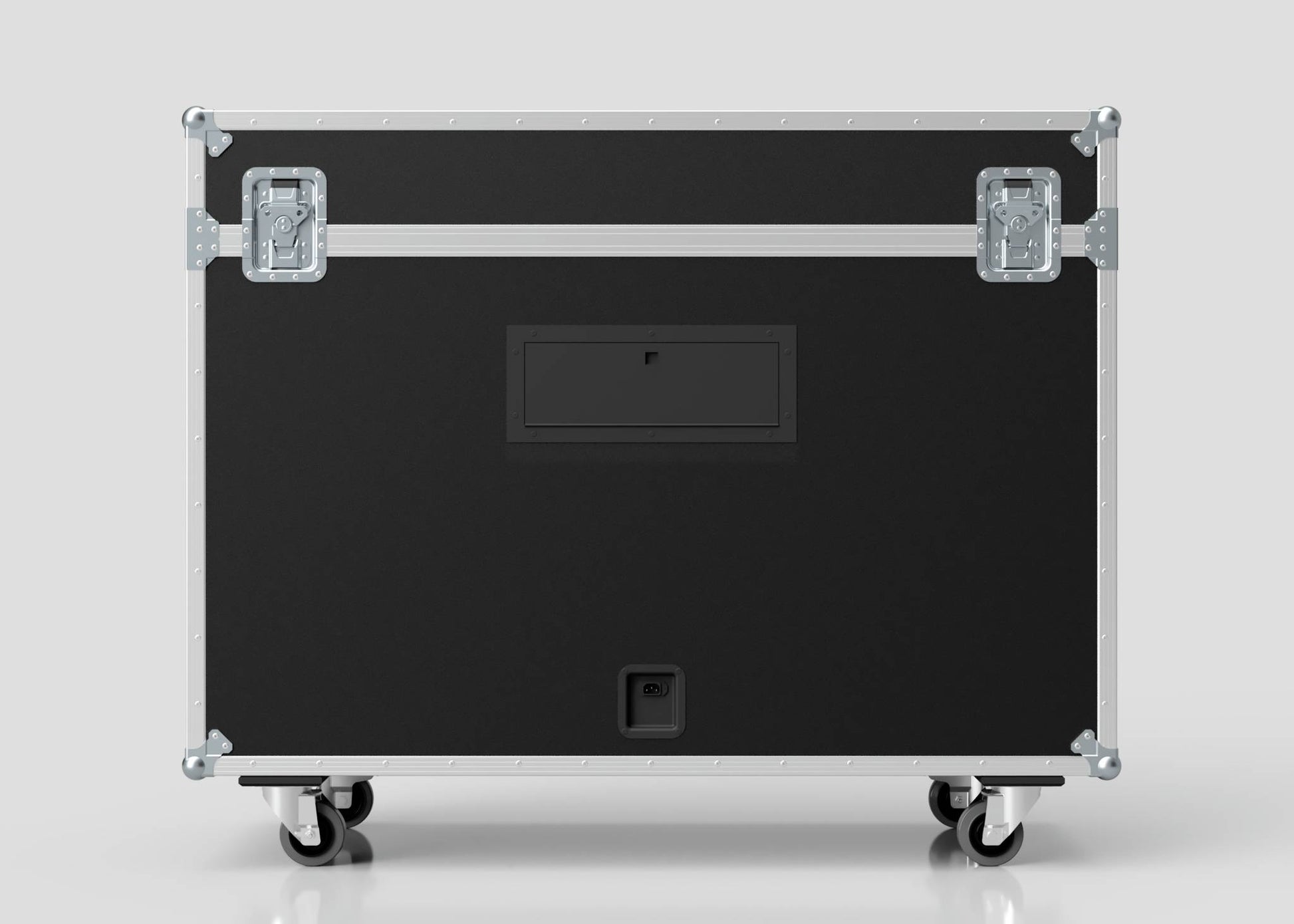 The 50" Motorised Single Screen Case is a large black flight case with metal edges, latches, wheels, and a recessed handle, shown against a plain light background.
