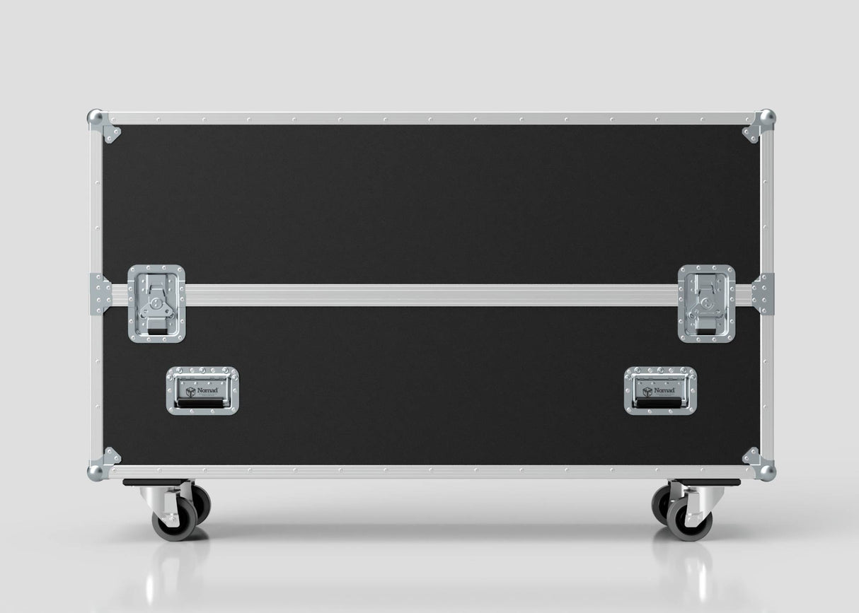 The 50" Single Screen Case is a large black equipment case with metal edges, corner protectors, handles, and four caster wheels, shown against a plain light background.
