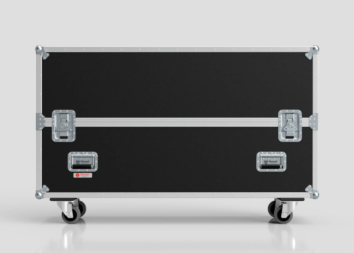 The 50" Single Screen Case is a large black road case with metal edges, two handles, two latches, and four swivel caster wheels, shown against a plain background.