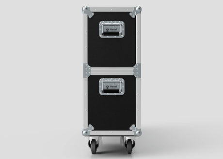 The 50" Single Screen Case is a black and silver equipment case with metal reinforcements, two labels, and four caster wheels, shown standing upright against a plain background.