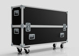 The 50" Single Screen Case is a large black rectangular road case with metal reinforcements and four caster wheels, designed for transporting equipment.