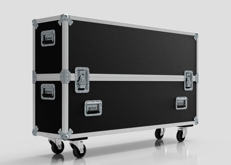 The 50" Single Screen Case is a large black rectangular road case with metal reinforcements and four caster wheels, designed for transporting equipment.