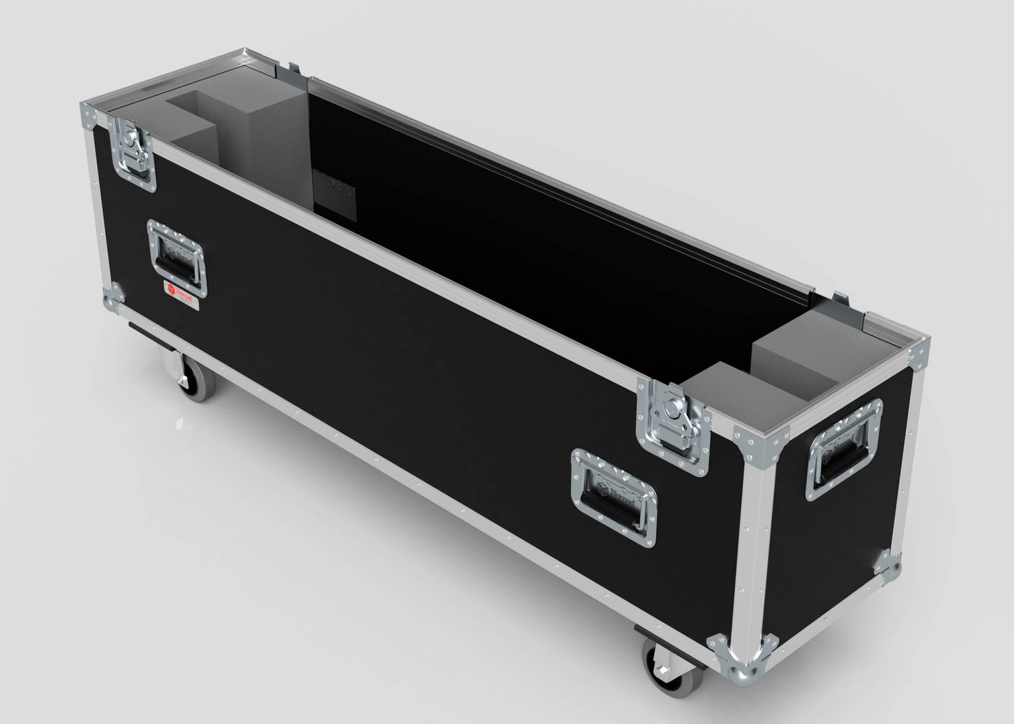 The 50" Single Screen Case is a large, black, rectangular equipment case featuring metal edges, recessed handles, foam inserts, and two wheels on one end.