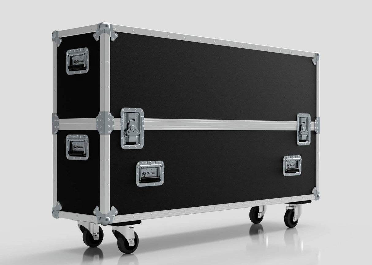 The 55" Double Screen Case is a large black rectangular flight case with metal edges, four handles, latches, and wheels, shown on a plain light background.