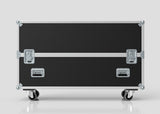 The 55" Double Screen Case is a large black flight case with silver metal edges, four latches, and caster wheels on the bottom, shown against a plain light gray background.