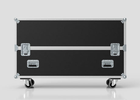 The 55" Double Screen Case is a large black flight case with silver metal edges, four latches, and caster wheels on the bottom, shown against a plain light gray background.