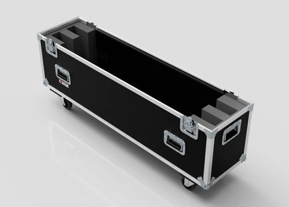 A 55" Double Screen Case, black and rectangular with metal corners, handles, latches, and interior foam padding, sits on a white background.