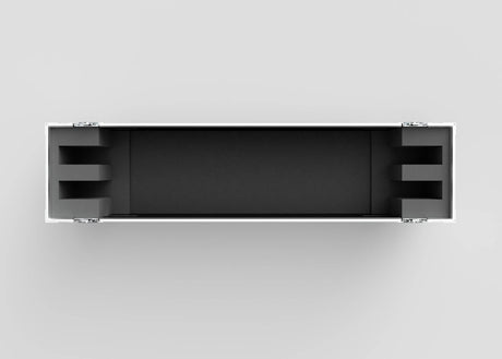 Top-down view of an empty 55" Double Screen Case with a rectangular shape, black foam lining, silver edges, and two hinges, set against a light gray background.