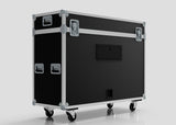 A 55" Motorised Single Screen Case in black with silver metal reinforcements and latches, equipped with four wheels, shown against a plain white background.