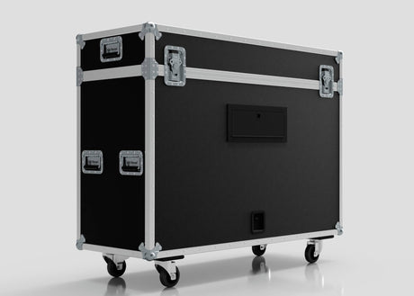 A 55" Motorised Single Screen Case in black with silver metal reinforcements and latches, equipped with four wheels, shown against a plain white background.