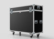 The 55" Motorised Single Screen Case, a large black equipment case with metal reinforcements, handles, and four caster wheels, is positioned on a white background.