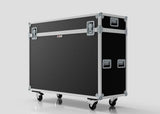 The 55" Motorised Single Screen Case, a large black equipment case with metal reinforcements, handles, and four caster wheels, is positioned on a white background.
